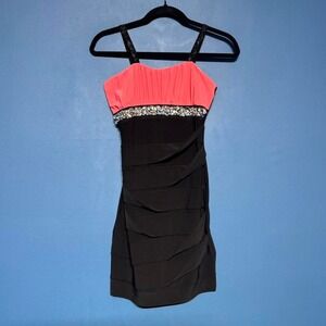Y2K Deb Mini Dress Women's Size Small Black Orange Empire Waist Bodycon Beaded